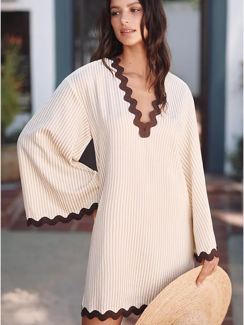 Anthropologie Flat White Striped Rickrack Tunic beach cover up XS/S seersucker